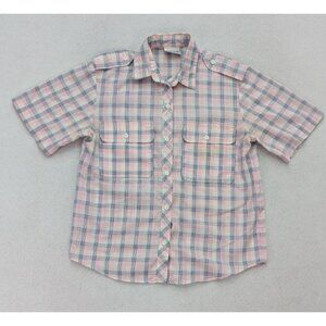 Vintage Russ Women's Blouse Size 4P Pink Blue Plaid Button Up Short Sleeve